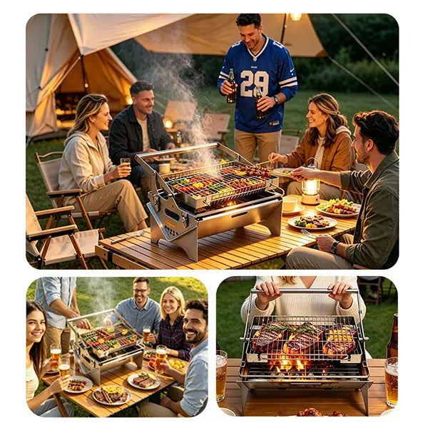 Flip Rotatable BBQ Grill|Portable Foldable Stainless Steel|Camping Picnic Outdoor Grill|Manual 360° Rotation
