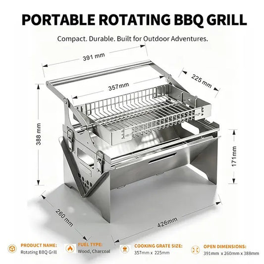 Flip Rotatable BBQ Grill｜Portable Foldable Stainless Steel｜Camping Picnic Outdoor Grill｜Manual 360° Rotation